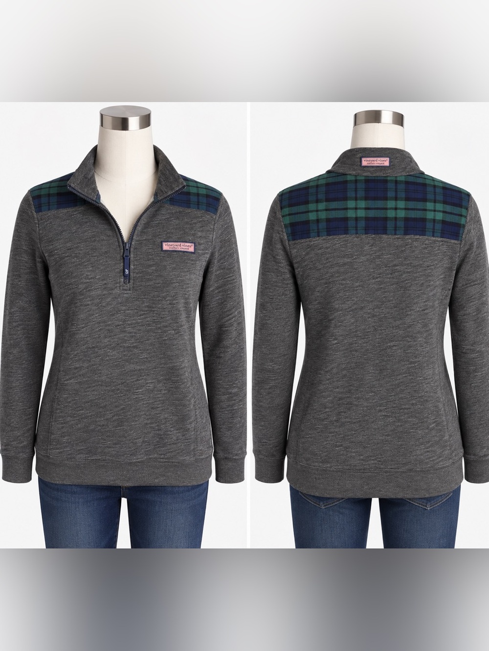 Vineyard Vines Women’s Small Gray Shep Shirt Quarter Zip Black Plaid Pullover